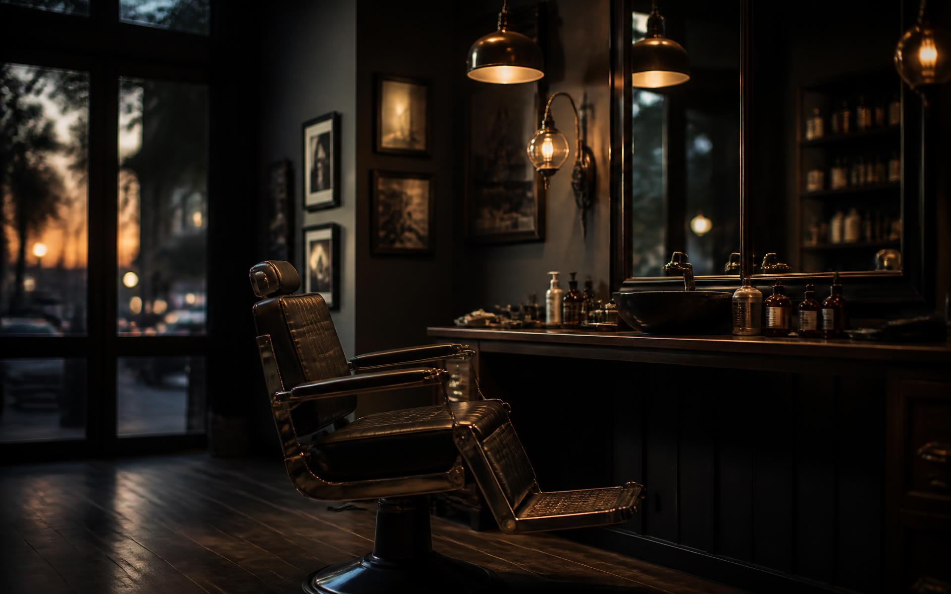 Neeki's Barbers interior, leather chair under warm brass lighting